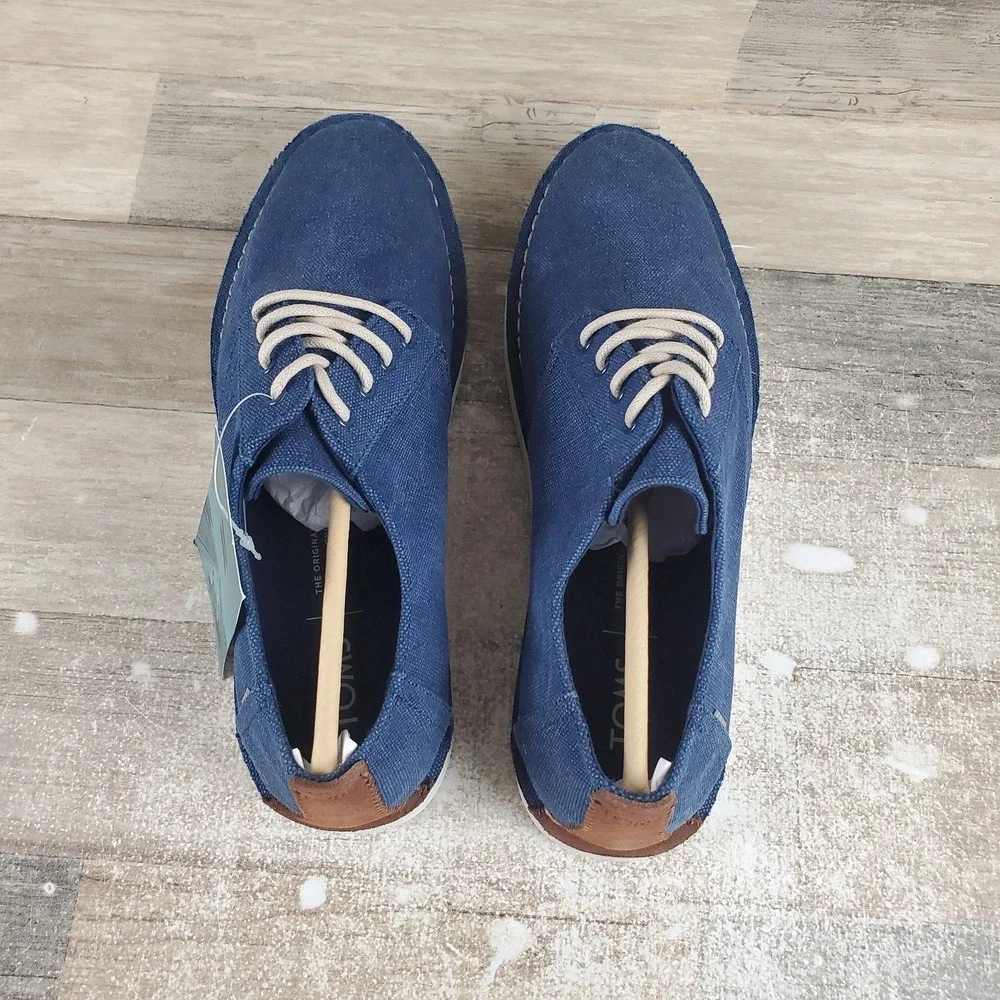Toms Preston Mens Casual Shoes 8.5 Navy Washed Canvas Stitch Out Lace Up Sneaker